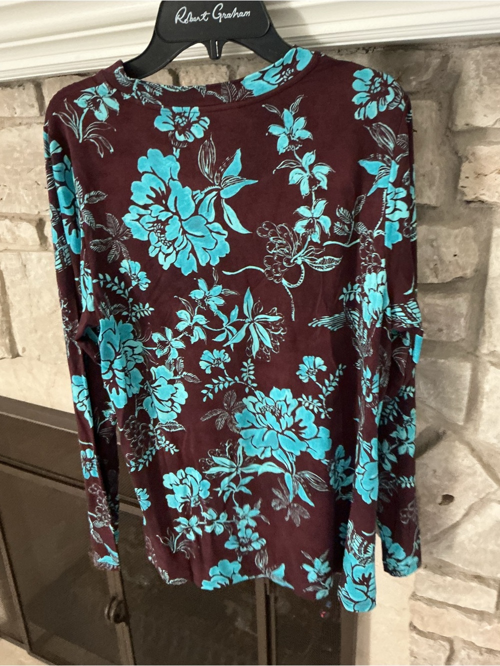 Johnny Was Teal Floral Long Sleeve Top on brown - Picture 3 of 4